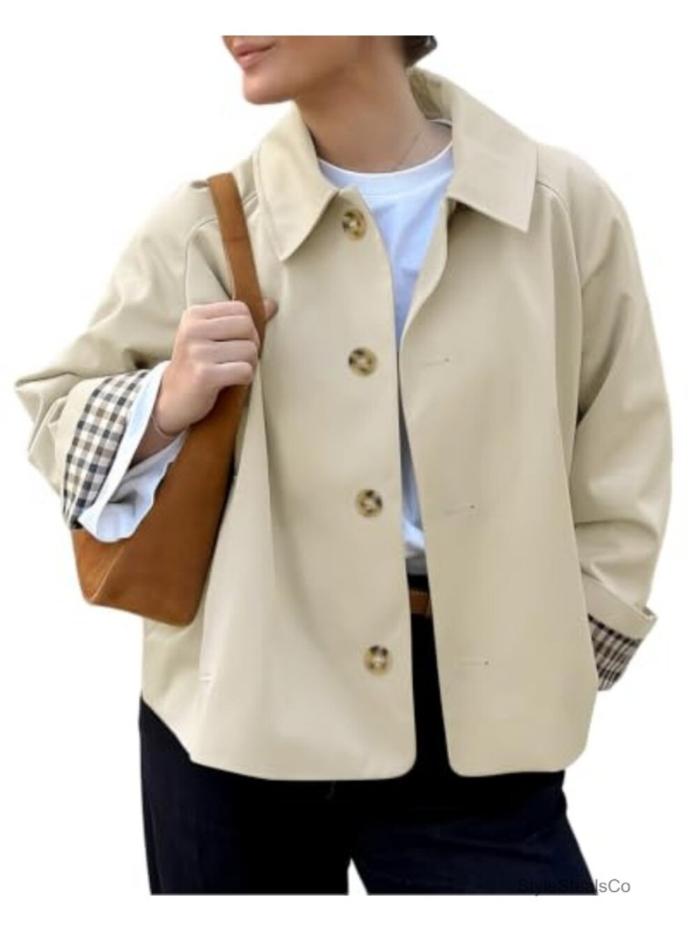 Women's Cropped Trench Coat Lightweight Single Breasted Fall Jacket Plaid Lining